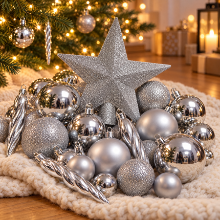 infographic opus55 hoofdafbeelding - Cheqo® Kerstballen Set van 33 Zilver
