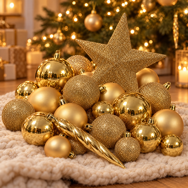 infographic opus55 hoofdafbeelding - Cheqo® Kerstballen Set van 33 Goud