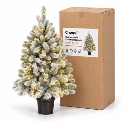infographic opus55 verpakking - Cheqo® Kunstkerstboom met Verlichting 90 cm met Sneeuw