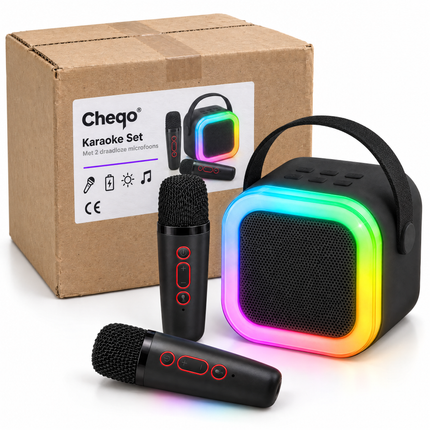 infographic opus55 verpakking - Cheqo® Karaoke Set met 2 Draadloze Microfoons