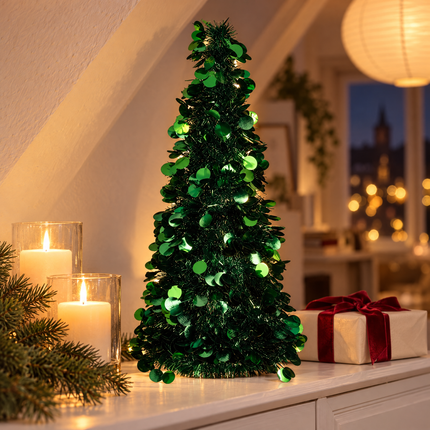 infographic opus55 niet geselecteerd (fout: Remove every small warm glowing light point inside and behind the tinsel tree, especially the ones peeking out along its right edge and near its top: the tree has no lights of its own. Its sparkle is only soft reflections of the candlelight on the surfaces of the round green sequins and the fine foil strands; no glow or light shines out from inside the tree.) - Cheqo® Kleine Kerstboom Donkergroen