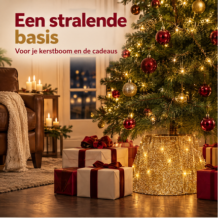 infographic opus55 niet geselecteerd (witte snijrand rechts en onder (1-3 px) lokaal weggeknipt, zelfde beeld) - Cheqo® Kerstboomrok Goud met LED Verlichting en Timer