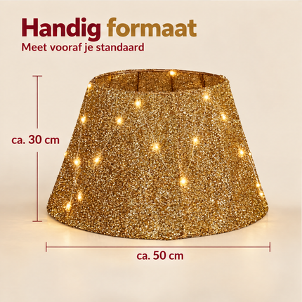 infographic opus55 niet geselecteerd (lichte snijrand boven en rechts (1-2 px) lokaal weggeknipt, zelfde beeld) - Cheqo® Kerstboomrok Goud met LED Verlichting en Timer