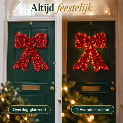 infographic opus55 niet geselecteerd (donkere snijlijn boven (2 px) lokaal weggeknipt, zelfde beeld) - Cheqo® Kerststrik Rood met LED Verlichting