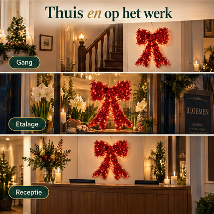 infographic opus55 niet geselecteerd (fout: In the middle photo strip (the flower shop window, caption Etalage), remove the dark sign board with the word and the small lines of lettering at the right; in its place continue the shop window with fresh fir branches and white amaryllis in a vase. There is no lettering anywhere in the panel except the headline and the three captions.) - Cheqo® Kerststrik Rood met LED Verlichting