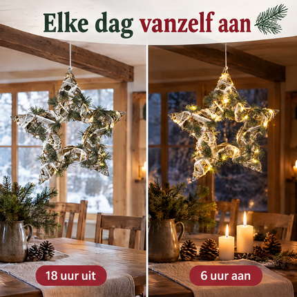 infographic opus55 niet geselecteerd (fout: In the LEFT half only (the daytime photo above the label "18 uur uit"), switch the star completely off: none of its LED points may glow, sparkle or light up, it shows only its natural green pine sprigs, twigs, grey-silver birch strips and white snow look in soft daylight. The right half, the headline, both labels and everything else stay exactly the same.) - Cheqo® Groene Kerstster met Verlichting