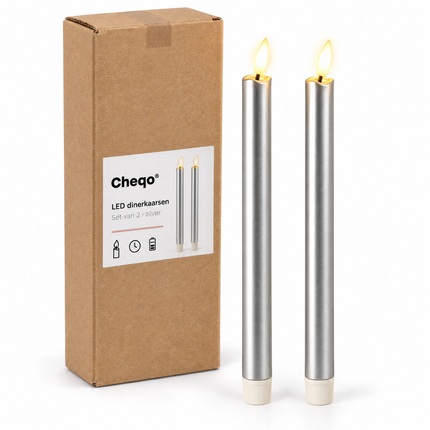 infographic opus55 verpakking - Cheqo® LED Dinerkaarsen Zilver Set van 2