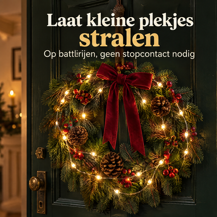 infographic opus55 niet geselecteerd (fout: Correct the garbled subline under the headline: it must read exactly 'Op batterijen, geen stopcontact nodig' - the second word is spelled b-a-t-t-e-r-i-j-e-n, cleanly typeset with no stray marks. Keep the same font, size, colour, line and position, and keep the headline, the wreath, the door and the light exactly the same.) - Cheqo® Kerstlampjes 40 LED Warm Wit