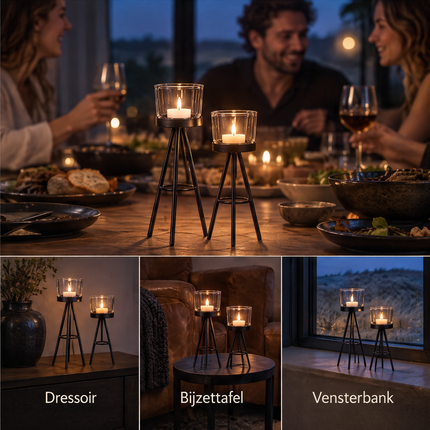 infographic opus55 niet geselecteerd (fout: In the large photo at the top, remove the two small extra candle lights on the dining table that are not our holders: the small glowing tealight in a low glass just behind and to the right of the shorter holder, and the small glowing candle light at the far left behind the bread plate. Fill those spots with ordinary table setting (a small bowl, a dish) so that the only flames in the whole panel are the two tealights in our two holders. Keep the two hol