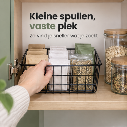 infographic opus55 niet geselecteerd (fout: Show the black wire basket at its true small size relative to the hand: now it is about twice too large. Make the basket clearly smaller, only about as long as the hand from wrist to fingertips, with its wall about as high as the hand is wide, and shrink its contents with it: small plain tea bag envelopes about as tall as the basket wall and small plain spice sachets, standing upright in neat rows. The same hand still hooks its fingers over the front o