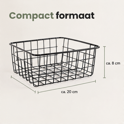 infographic opus55 niet geselecteerd (fout: Add the missing third dimension label ca. 15 cm: the diagonal sage dimension line at the lower left, along the bottom edge of the short left side of the basket, has no label yet. Place the text ca. 15 cm right beside the middle of that diagonal line, just below-left of it, in exactly the same font, size, weight and dark colour as the label ca. 20 cm. Keep the basket, the other two dimension lines with their labels ca. 20 cm and ca. 8 cm, the heading Co