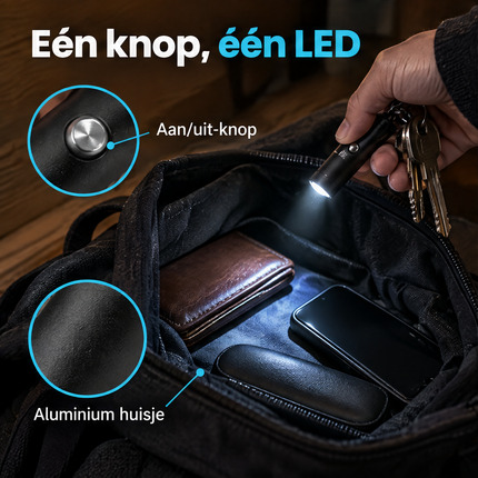 infographic opus55 niet geselecteerd (fout: vage resten van het leverancierslogo op de lamp en het label Aluminium huisje wijst naar de brillenkoker; vervangen door nieuw raster) - Cheqo® Sleutelhanger Zaklamp