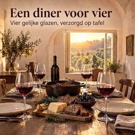 infographic opus55 niet geselecteerd (fout: Reshape all four wine glasses on the table into exactly the glass of the approved main photo (the last image): a large, round balloon-shaped bowl about as wide as it is tall, widest a little below its middle, whose walls curve clearly inward toward a noticeably narrower thin rim, on a long thin straight stem with a round flat foot. Keep each glass in exactly the same place with the same deep red wine at about a third of the bowl, keep exactly four glas