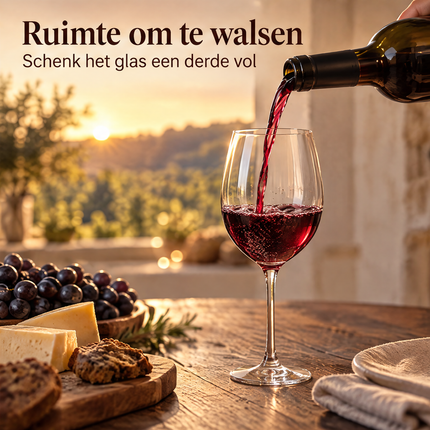 infographic opus55 niet geselecteerd (fout: Reshape the wine glass into exactly the glass of the approved main photo (the last image): a large, round balloon-shaped bowl about as wide as it is tall, widest a little below its middle, whose walls curve clearly inward toward a noticeably narrower thin rim, on a long thin straight stem with a round flat foot. Make the wine inside smooth and clear deep red with only a few small bubbles where the stream enters. Keep the bottle, the pouring stream, the