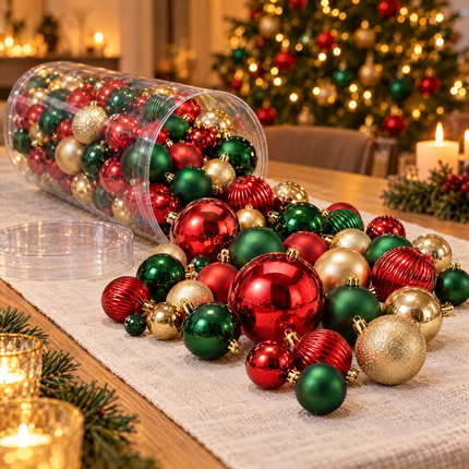 infographic opus55 hoofdafbeelding - Cheqo® Kerstballen Set van 100 Rood Groen en Goud