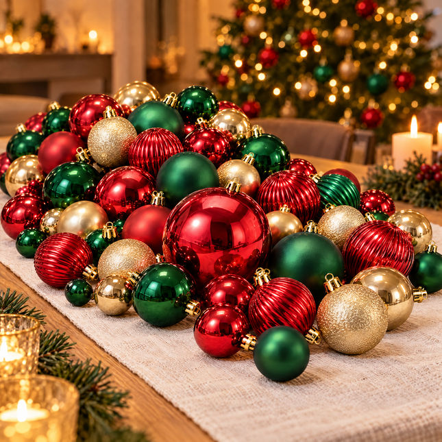 infographic opus55 hoofdafbeelding - Cheqo® Kerstballen Set van 100 Rood Groen en Goud