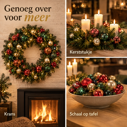 infographic opus55 niet geselecteerd (fout: On the wreath in the large photo, recolour the two copper-orange baubles (one on the right side of the wreath, one on the lower left side) into soft champagne-gold baubles like the other gold baubles on the wreath, and the small dark blue-grey bauble on the right side of the wreath into a deep green one, so every bauble on the wreath is only red, green or champagne gold, exactly the colours of the set. Change nothing else: same headline, same captions,