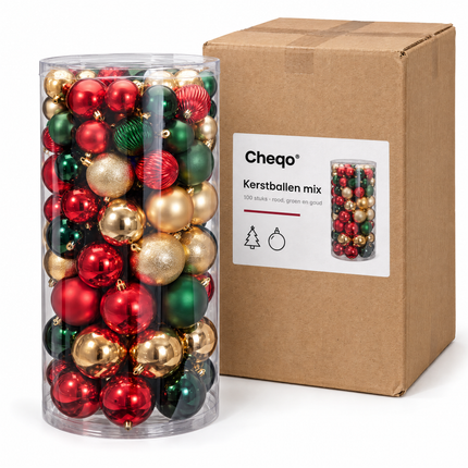 infographic opus55 verpakking - Cheqo® Kerstballen Set van 100 Rood Groen en Goud