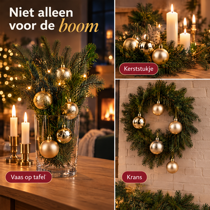 infographic opus55 niet geselecteerd (fout: Replace the text inside the red pill label at the bottom left (next to the vase) with exactly: In een vaas. Only these three words in white, in the same font and size as the other labels, and nothing after the final letter s: no apostrophe, dot or tick mark. Keep the pill the same colour and position. Change nothing else: same headline, same other labels, same photos, layout and light.) - Cheqo® Kerstballen Set van 9 Goud