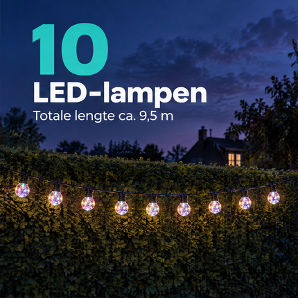 infographic opus55 niet geselecteerd (fout: The light string along the top of the hedge must carry exactly TEN glowing multicolour globes (now there are only nine): add one more identical globe with its black holder and small hook, and space all ten globes evenly along the hedge so that exactly ten globes are visible and countable. Keep the big number, all text, the hedge, the sky and the house exactly the same.) - Cheqo® Feestverlichting Multicolor