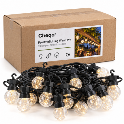 infographic opus55 niet geselecteerd (fout: In the coiled light string in front of the box, remove the small black rectangular plug/connector block that sits in the middle of the cable pile (right of centre, between the lamps) and show plain coiled black cable there instead, so the pile contains only black cable, black lamp holders with hooks and clear globes. Keep the box, the label and everything else exactly the same.) - Cheqo® Feestverlichting Warm Wit