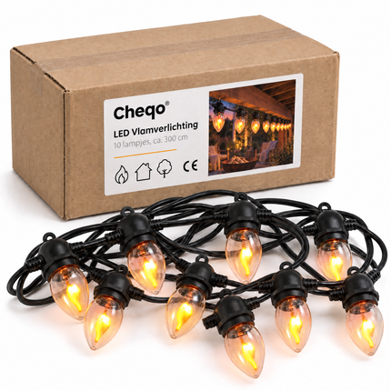 infographic opus55 AFGEKEURD (slinger voor de doos toont 9 lampjes i.p.v. 10; reparatielimiet (3) bereikt) verpakking - Cheqo® LED Vlamverlichting Warm Wit