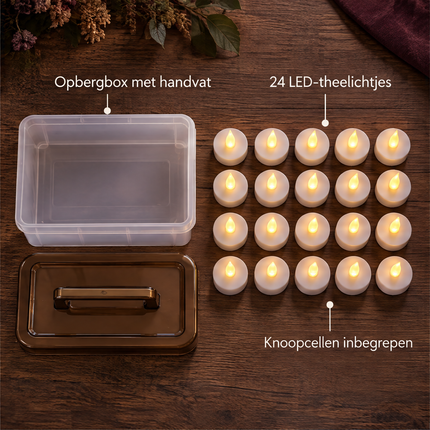 infographic opus55 niet geselecteerd (fout: The grid of switched-on LED tealights on the right shows only 20 tealights (five columns by four rows), but there must be exactly 24: rearrange them into exactly four rows of SIX tealights each (24 in total), every tealight slightly smaller so the whole grid fits evenly spaced in the same area to the right of the box. Also make the open storage box frosted, milky translucent white plastic as in the reference photo, not crystal clear. Keep the three lab