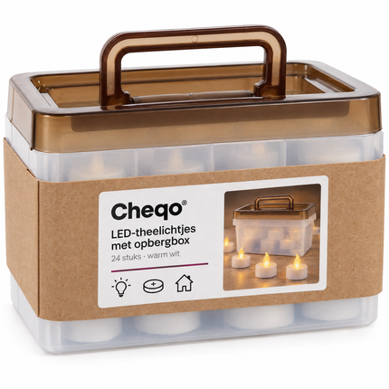 infographic opus55 verpakking - Cheqo® LED Theelichtjes op Batterij Set van 24 met Opbergbox