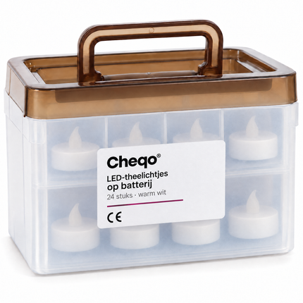 infographic opus55 verpakking - Cheqo® LED Theelichtjes op Batterij Set van 24 met Opbergbox
