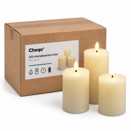 infographic opus55 verpakking - Cheqo® LED Kaarsen Ivoor Set van 3 met Afstandsbediening en Timer