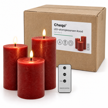 infographic opus55 verpakking - Cheqo® LED Kaarsen Rood Set van 3 met Afstandsbediening en Timer