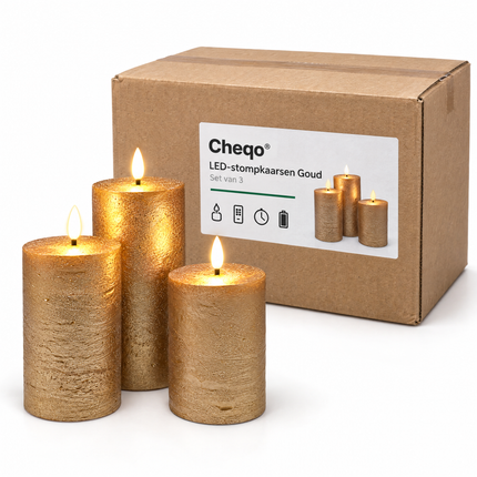 infographic opus55 verpakking - Cheqo® LED Kaarsen Goud Set van 3 met Afstandsbediening en Timer