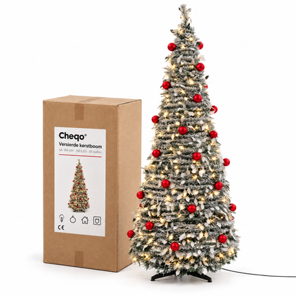infographic opus55 verpakking - Cheqo® Kunstkerstboom 180 cm met Sneeuw, Kerstballen en LED Verlichting
