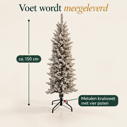 infographic opus55 niet geselecteerd (fout: Make the thin vertical dimension line beside the tree span the tree's full height: move its lower end dot down to exactly the floor level where the feet of the black cross-foot stand touch the floor, and its upper end dot up to exactly the level of the very top of the leader tip. Keep the dark green pill label ca. 150 cm on the middle of that line. The headline, the callout to the cross-foot with its label, the tree itself and the background stay exact
