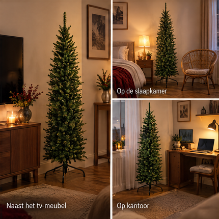 infographic opus55 niet geselecteerd (fout: The tree has no lights: in all three photos render every branch tip of the tree as plain matte green needles lit only by the soft, even lamp light, removing every small bright yellow or white dot or glint in the tree that could look like a tiny light point. Keep the three photos, their layout, the rooms, the captions and everything else exactly the same.) - Cheqo® Kunstkerstboom 150 cm Groen zonder Verlichting