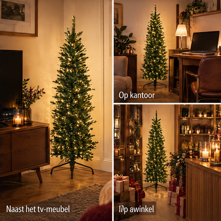 infographic opus55 niet geselecteerd (fout: Correct only the caption in the lower-right photo (the gift shop): it must read exactly "In de winkel" (three words: I-n, d-e, w-i-n-k-e-l), spelled correctly, in the same clean white sans, size and position as the captions "Op kantoor" and "Naast het tv-meubel", with no dark box or smudge behind it. Keep the three photos, the lit trees, the other two captions and everything else exactly the same.) - Cheqo® Kunstkerstboom 150 cm Groen met LED Verlichti