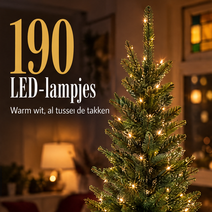 infographic opus55 niet geselecteerd (fout: Correct only the subline under "LED-lampjes": it must read exactly "Warm wit, al tussen de takken", with the word "tussen" spelled t-u-s-s-e-n and its final letter n complete and clearly formed (two full vertical strokes joined by an arch); same font, size, colour and position. Keep the number, the word "LED-lampjes", the lit tree and everything else exactly the same.) - Cheqo® Kunstkerstboom 180 cm Groen met LED Verlichting