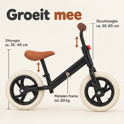 infographic opus55 niet geselecteerd (raster verkeerd geknipt: echte rijgrens op y=1222 i.p.v. 1152 (geen witte lijn), lokaal opnieuw geknipt zonder schalen) - Cheqo® Loopfiets Zwart