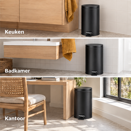 infographic opus55 niet geselecteerd (fout: In the Badkamer strip and the Kantoor strip the black pedal bin is drawn too large; it is only about 40 cm tall, just below knee height. Badkamer strip: shrink the bin so the top of its lid sits at or just below the bottom edge of the floating wooden vanity. Kantoor strip: shrink the bin so its lid reaches only about half the height of the desk top, clearly lower than the seat cushion of the woven chair. In both strips the bin keeps standing on the flo