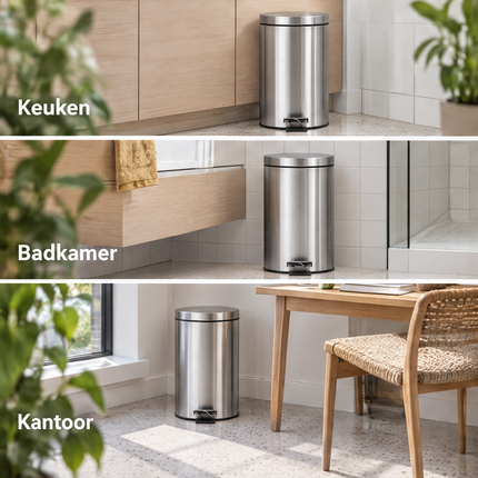 infographic opus55 niet geselecteerd (fout: In the Badkamer strip and the Kantoor strip the stainless steel pedal bin is drawn far too large; it is only about 40 cm tall, just below knee height. Badkamer strip: shrink the bin so the top of its lid sits at or just below the bottom edge of the floating wooden vanity. Kantoor strip: shrink the bin so its lid reaches only about half the height of the desk top, clearly lower than the seat of the woven chair. In both strips the bin keeps standing on t