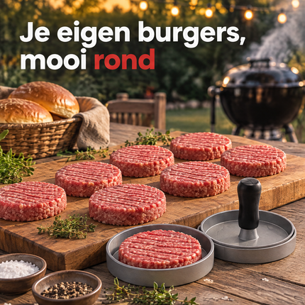 infographic opus55 niet geselecteerd (fout: There must be only ONE base mould in the image: the one at the front that holds a raw patty. The object at the front right, with the black handle, is the PRESS PLATE ON ITS OWN: remove the wider outer ring underneath it (that is a second base mould and must disappear completely). The press plate is a single thick round disc: its smooth top face with a slightly raised edge, the grey cone neck and the black handle pointing straight up, and below the top 