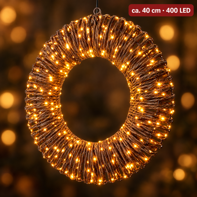 infographic opus55 hoofdafbeelding - Cheqo® Verlichte Kerstkrans 40 cm Bruin Rattan Look