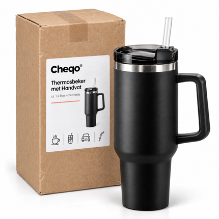 infographic opus55 verpakking - Cheqo® Thermosbeker met Handvat en Rietje Zwart