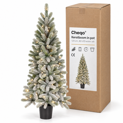 infographic opus55 verpakking - Cheqo® Kunstkerstboom 120 cm Ø60 cm in Pot met Sneeuw en Verlichting Warm Wit