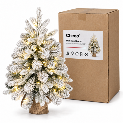 infographic opus55 verpakking - Cheqo® Mini Kerstboom 60 cm met Sneeuw en Verlichting Warm Wit