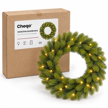 infographic opus55 verpakking - Cheqo® Kerstkrans 45 cm Groen met Verlichting Warm Wit