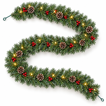infographic opus55 hoofdafbeelding - Cheqo® Kerstslinger 270 cm met Dennenappels, Rode Bessen, Witte Puntjes en 30 LED Warm Wit
