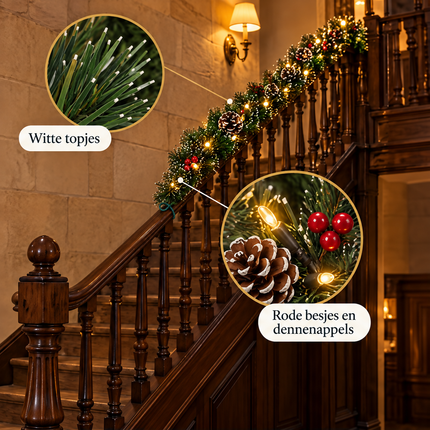 infographic opus55 infographic 2 - Cheqo® Kerstslinger 270 cm met Dennenappels, Rode Bessen, Witte Puntjes en 30 LED Warm Wit