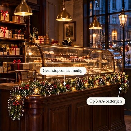 infographic opus55 infographic 3 - Cheqo® Kerstslinger 270 cm met Dennenappels, Rode Bessen, Witte Puntjes en 30 LED Warm Wit