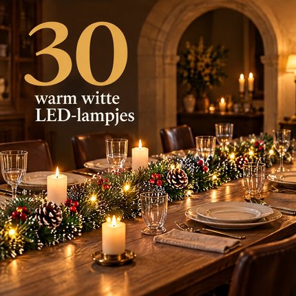 infographic opus55 infographic 4 - Cheqo® Kerstslinger 270 cm met Dennenappels, Rode Bessen, Witte Puntjes en 30 LED Warm Wit